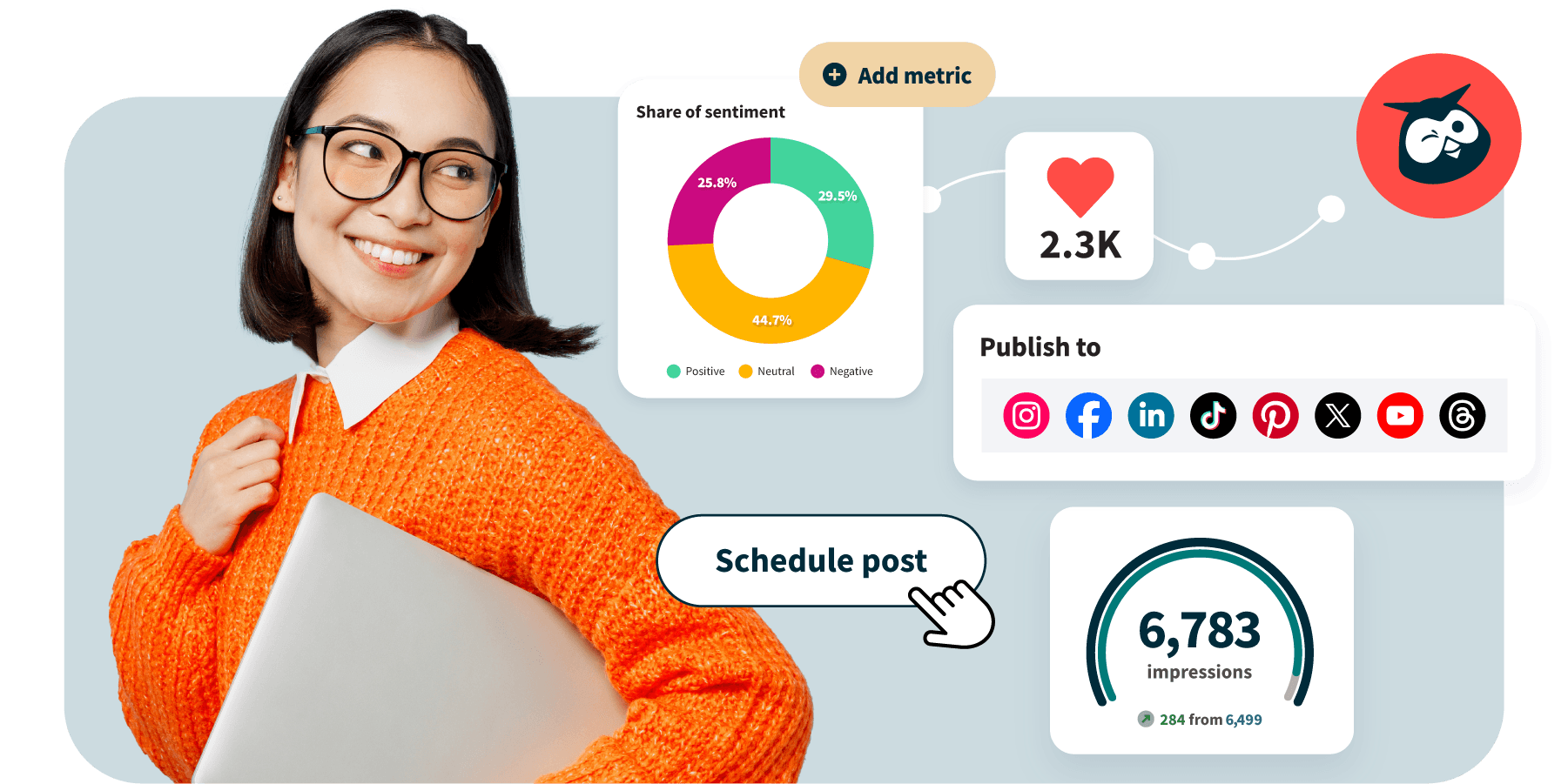 Woman holding laptop with Hoot suite features and logo